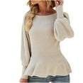 thumbnail image 2 of Usmixi Womens Sweater Knit Pullover Sweater for Women Casual Round Neck Lantern Sleeve Ruffle Hem Sweater Tunic Tops Winter Trendy Solid Long Sleeve Sweater Tops, 2 of 6