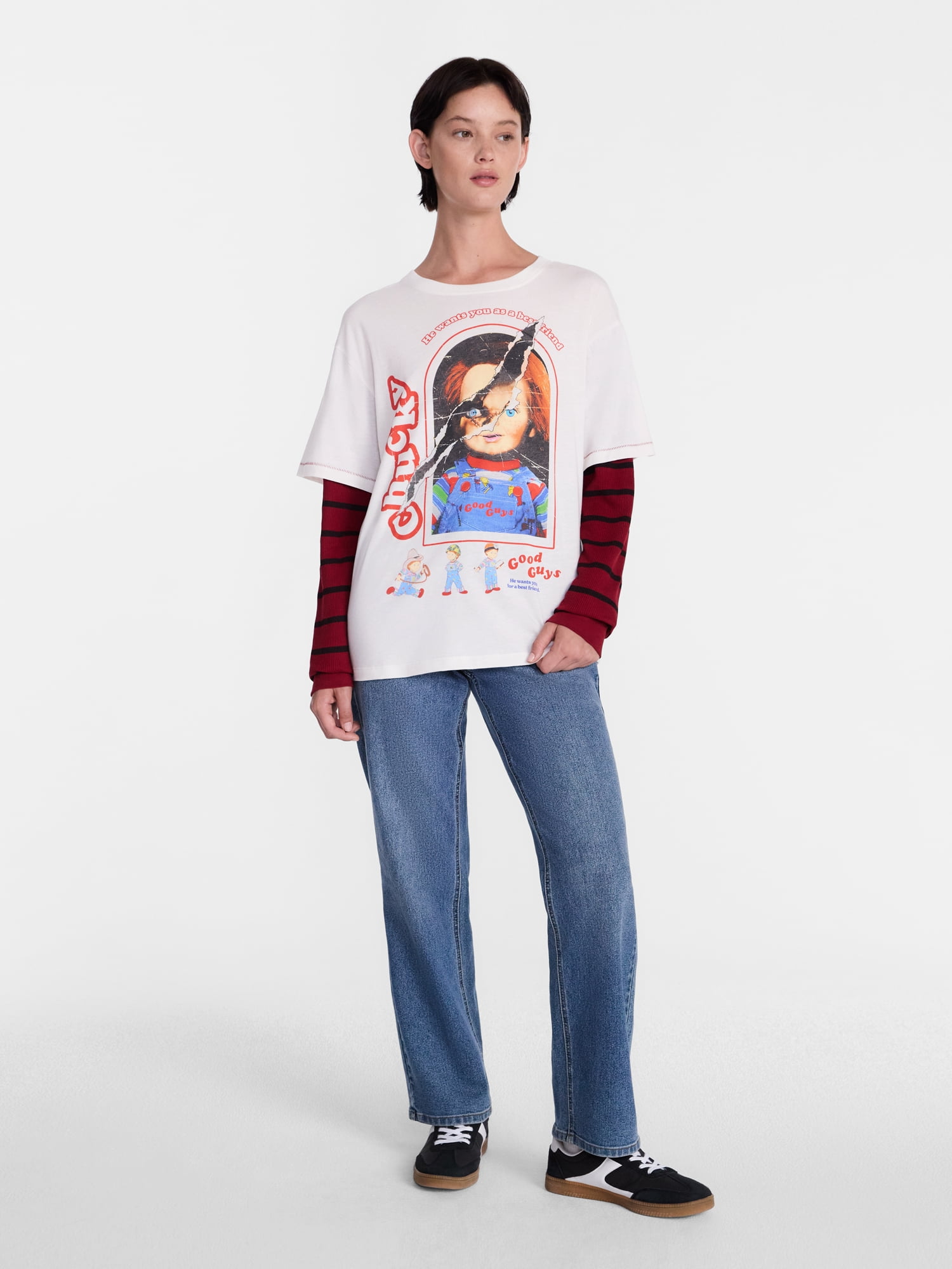 Chucky Women's Halloween Layered Look Graphic Tee with Long Sleeves, Sizes XXS-XXL