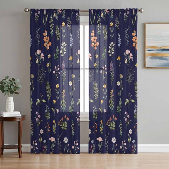 Navy Blue Botanical Wildflowers Sheer Curtains 63 Inch Length 2 Panels Set, Rustic Floral Voile Window Treatment Rod Pocket Curtains Sheers Drapes for Bedroom/Living Room/Kitchen 52x"63"x2