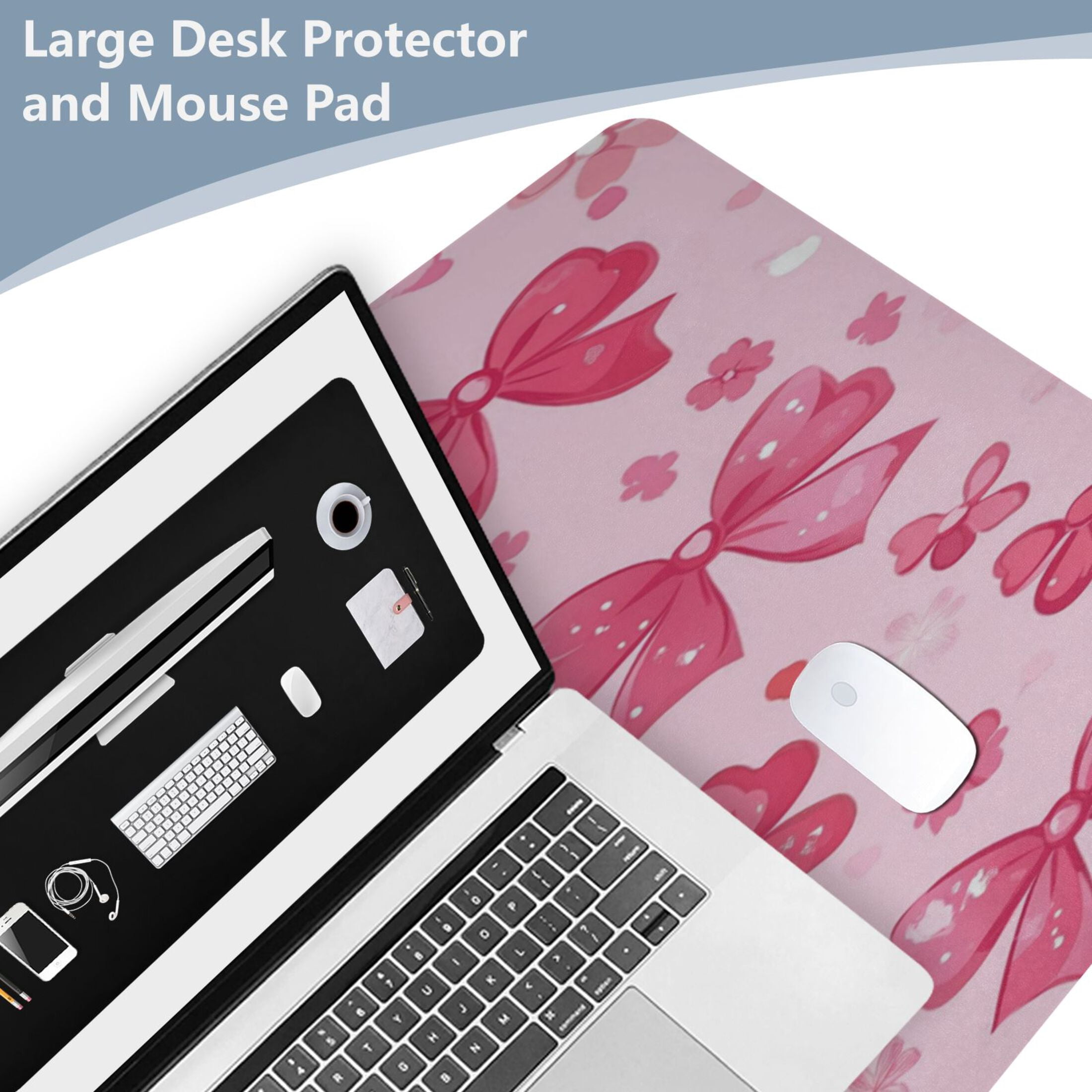 Leather Keyboard and Mouse Desk Mat Office Desk Accessories Protective Office Desk Decor Desk Pad Mat for Gaming, Work from Home, Office Pink Cute Bows 16.5" x 35.4"
