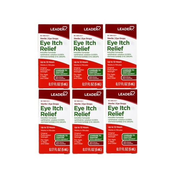 6 Pack - Leader Eye Itch Relief Drops, Ketotifen Fumarate 0.035%, Antihistamine, 0.17 fl oz