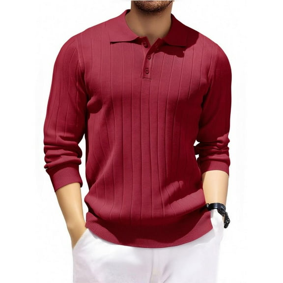 Fabrcox Mens Long Sleeve Polo Shirts Fall Button Collared Long Sleeved T Shirts Casual Solid Color Basic Lightweight Tops Shirts,Red 2XL