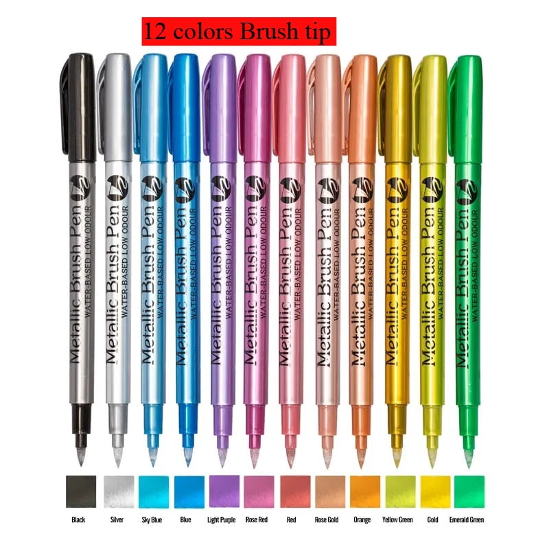 12/24 Colors Brush Metallic Paint Markers Pens for Rock Painting Stone Ceramic Wood Fabric Pebbles Scrapbook Journals Photo Albums