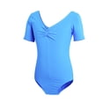 thumbnail image 4 of Round Neck Dance Leotard for Girls, Solid Color Short Sleeve Practice Jumpsuit for 3-15 Years, 4 of 7