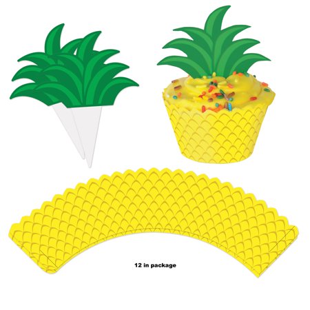 Pineapple Cupcake Wrappers 8 inch with Stem Toppers - 1 pack of 12