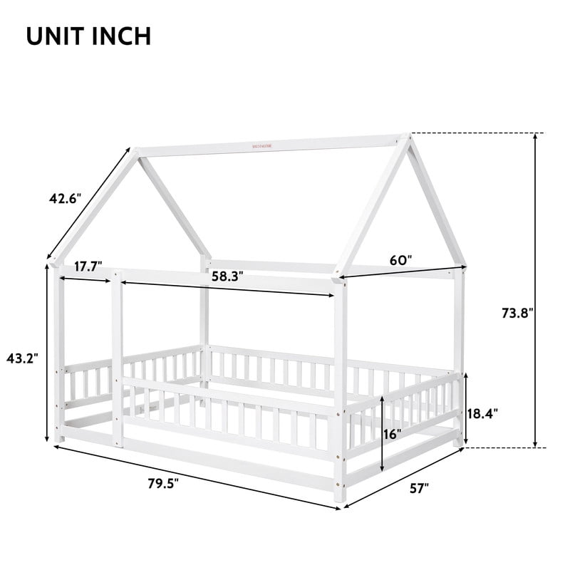 Full Size House Floor Bed Frame,Wooden Montessori Floor Bed with Fence , White