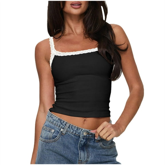 XFLWAM Womens Lace Trim Spaghetti Strap Tank Top Square Neck Sleeveless Camisole Y2K Slim Fit Crop Tops Ribbed Knit Going Out Cami Tops