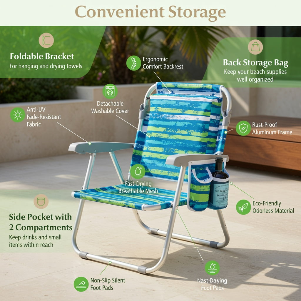 Hommoo Foldable Beach Chair with 5-Position Reclining Backrest, Cup Holder & Storage Pockets, Lightweight Aluminum Frame, Waterproof 600D Oxford Fabric, Blue & Green