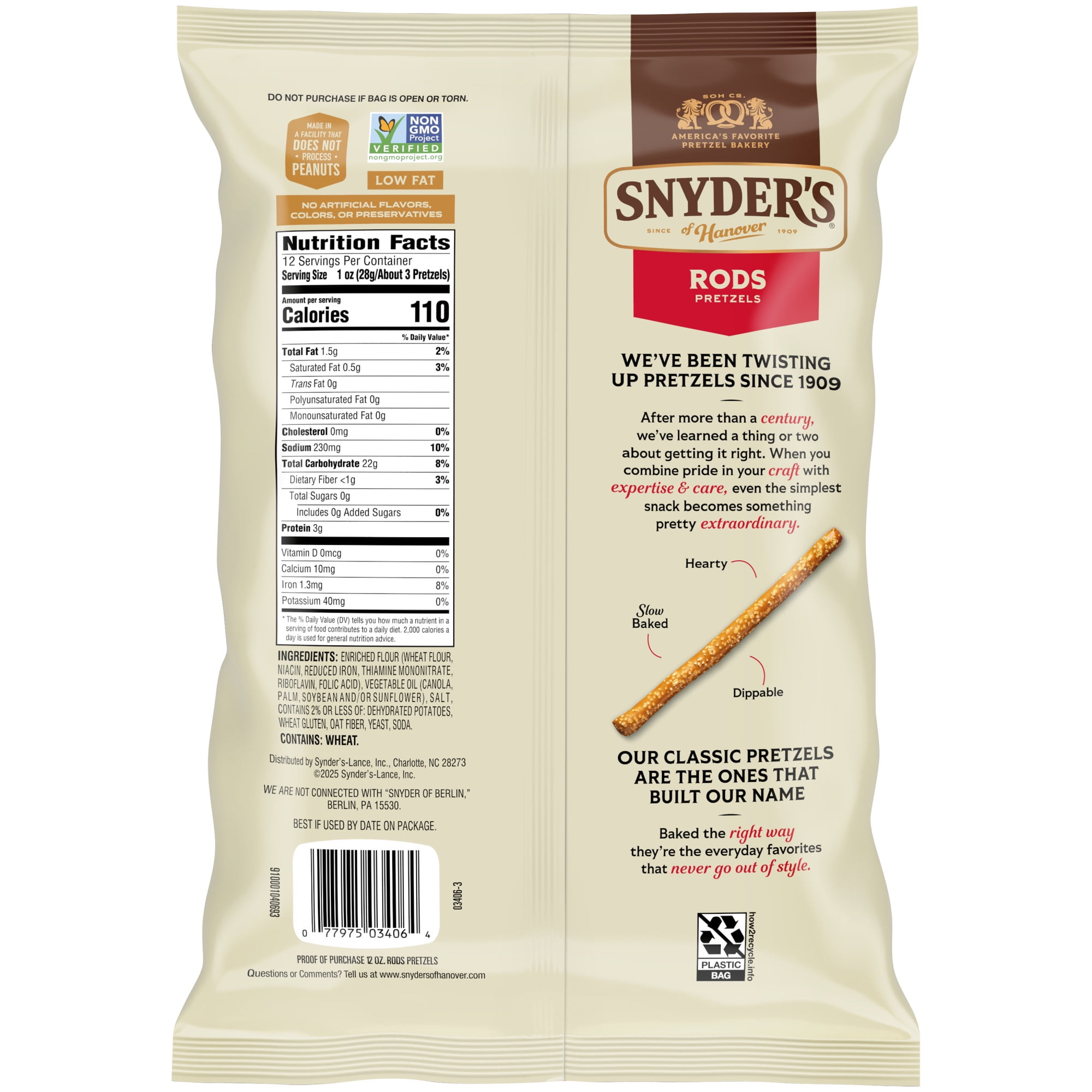 Snyder's of Hanover Pretzel Rods, 12 oz Bag