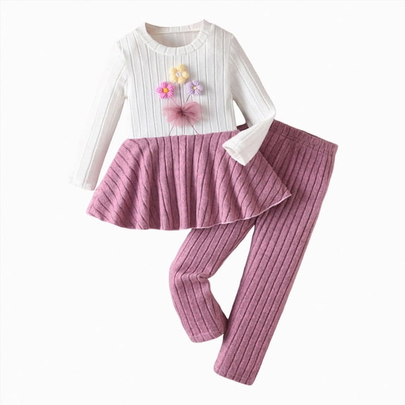TOWED22 Toddler Girl Clothes Long Sleeve Ruffle Outfits Bowknot Flare Pants Two Piece Fall Clothing Set for Kids Girls,Pink,10Y