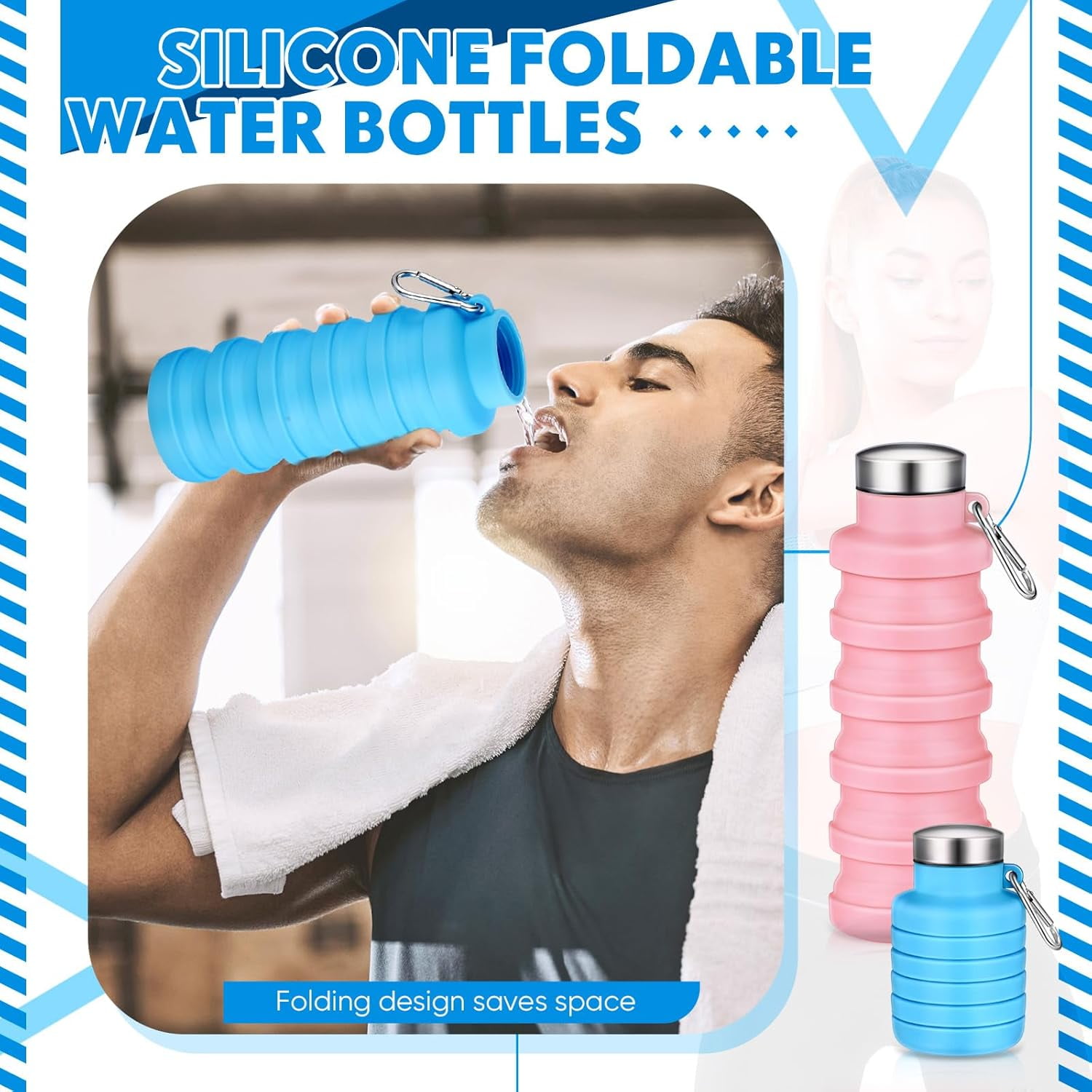 ABCISI 2 Pcs Collapsible Water Bottles, 17oz Silicone Portable Leak-Proof Water Bottle with Buckle, Silicone Lightweight Reusable Travel Water Bottle for Camping Hiking Cycling Sport (Pink, Blue)