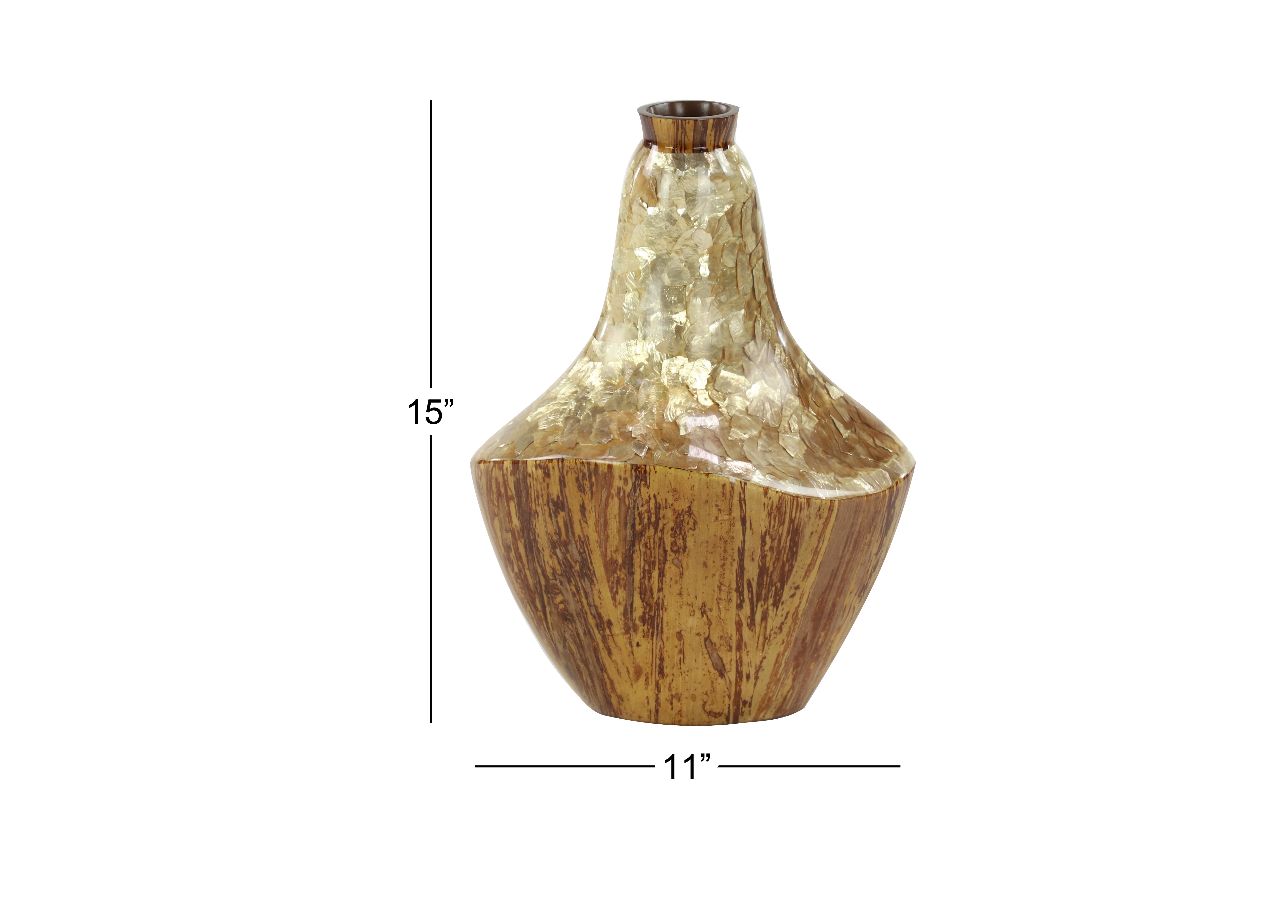 DecMode Large Gold Capiz Shell & Natural Banana Wood Vase, 11”x 15”
