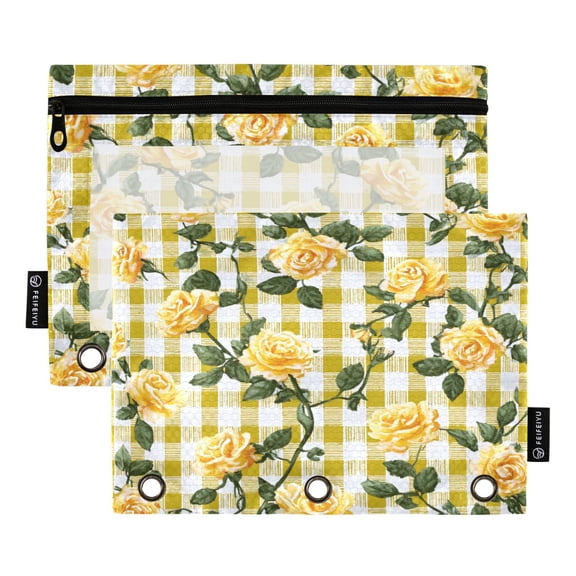 2 Pack 3 Ring Binder Pouch with Clear PVC Window Water Resistant Zipper Pencil Pouch Gingham Pattern Yellow Roses Binder Pocket for Classroom Office Home Stationery Organization