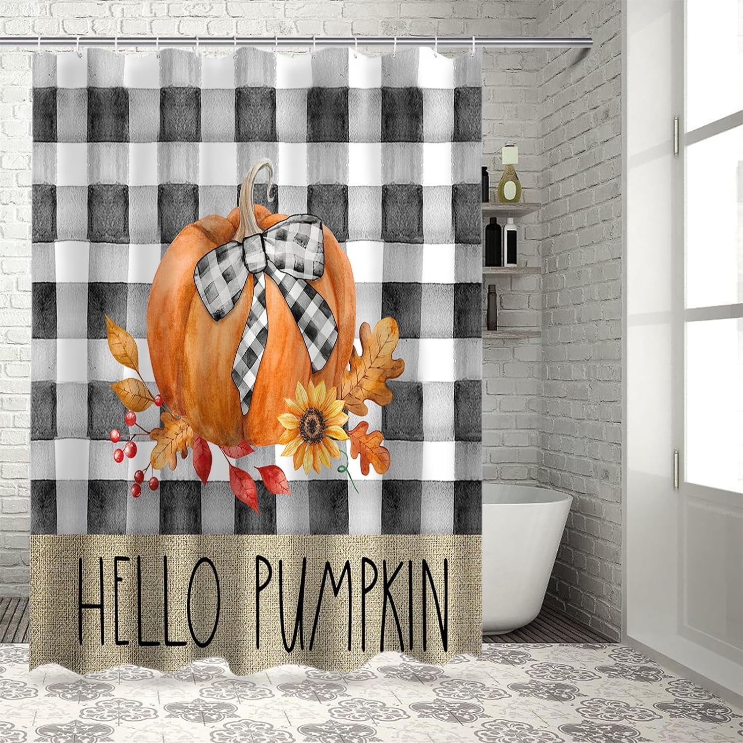 Fall Shower Curtain Hello Pumpkin Shower Curtains for Bathroom Autumn Leaf Sunflower Buffalo Plaid Bath Curtains Sets for Autumn Thanksgiving Seasonal Bathroom Decor Fabric Waterproof 72 x 72 in