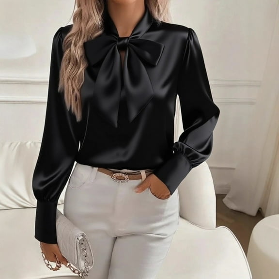 Gamivast Satin Shirts for Women Bow Tie Neck Long Sleeve formal Work Blouse Elegant Satin Solid Color Blouse Casual Dressy Business Tops Spring Outfits
