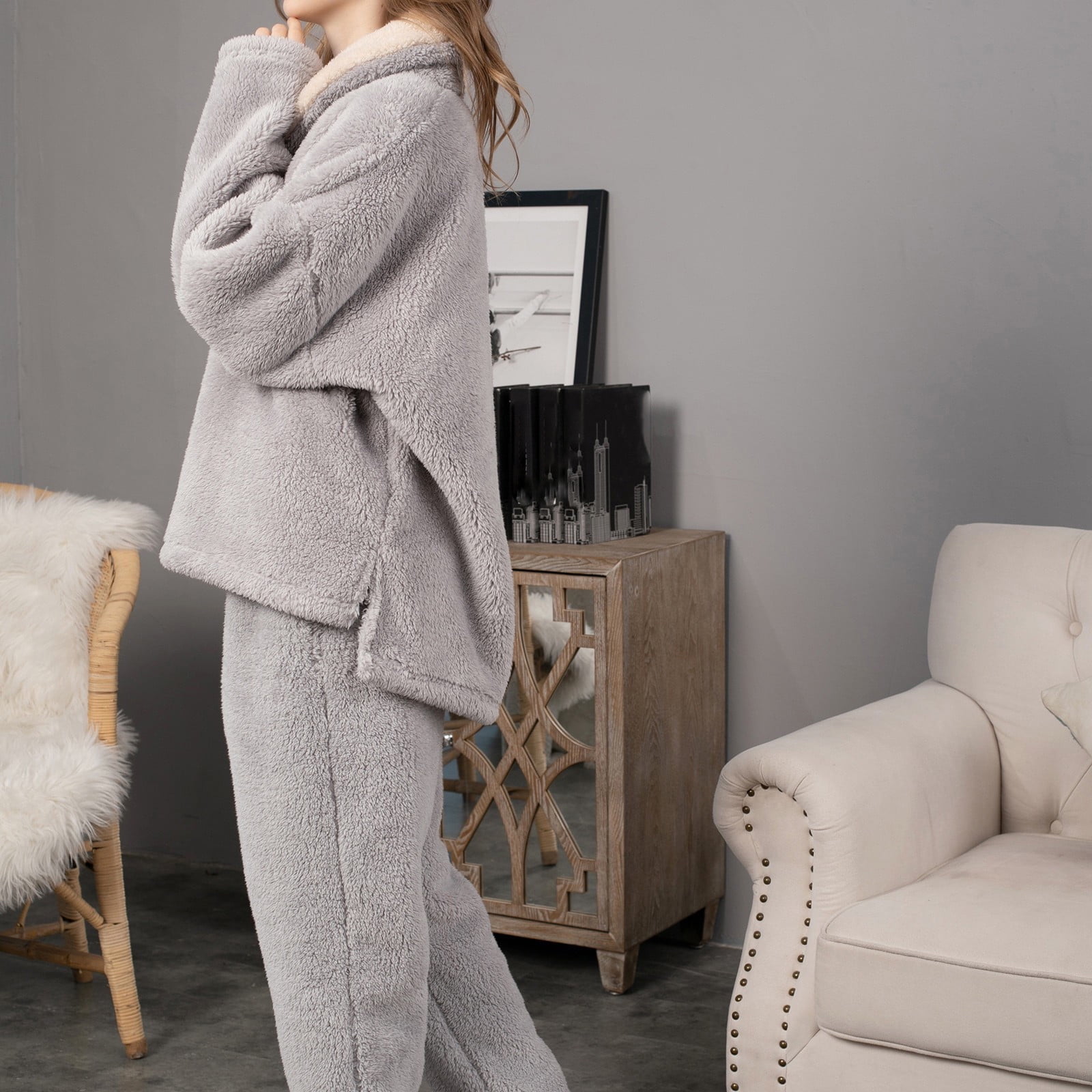 Women s Fuzzy Pajama Sets 2 Piece Pjs Cozy Fleece Fluffy Oversized Pullover Pants Sets Loungewear Loose Plush Sleepwear Walmart