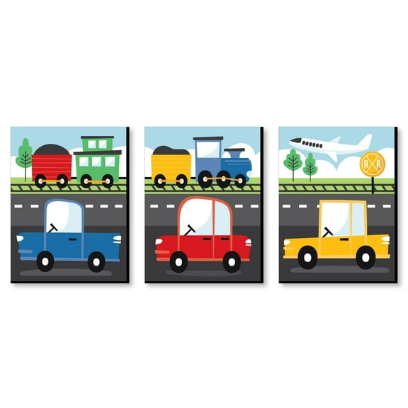 Big Dot of Happiness Cars, Trains, and Airplanes - Transportation Nursery Wall Art and Kids Room Decor - 7.5 x 10 inches - Set of 3 Prints