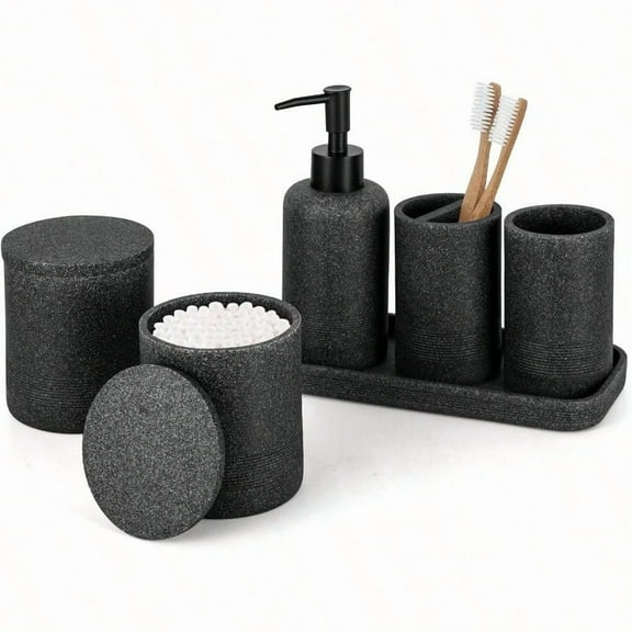 Black Stone Bathroom Accories Set 6 Pieces - Toothbrush Holder Lotion Dispenser Qtip Container Vanity Tray Tumbler - Countertop Organizer for Bathrooms - Elegant and Functional Decor Set