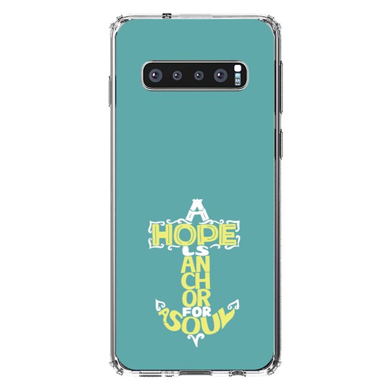 DistinctInk Clear Shockproof Hybrid Case for Samsung Galaxy S10+ PLUS(6.4" Screen) - TPU Bumper, Acrylic Back, Tempered Glass Screen Protector - Hope is an Anchor for a Sould - Yellow Teal