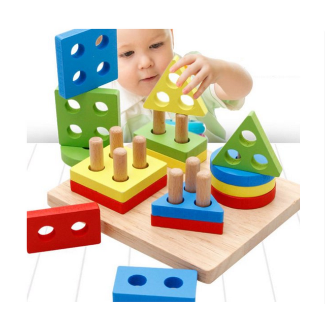 Toddler Infant Puzzle Toy,Four Sets Of Columns Of Geometric Shapes,Stacked High Building Blocks, Educational Toys For Young Children