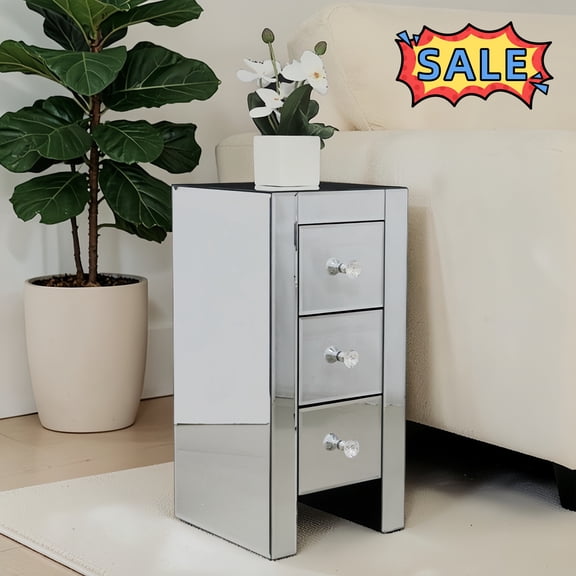 Tcbosik 3-Drawer Mirrored Nightstand with Storage, Modern End Table, Sofa Side Table for Bedroom, Hallway, Living Room, Silver