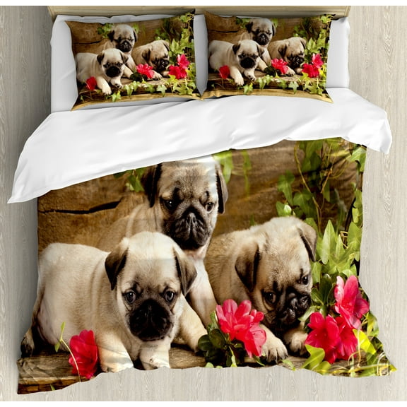 Pug Duvet Cover Set, Sibling Puppies with Floral Arrangement in Front Wooden Backdrop, Decorative 3 Piece Bedding Set with 2 Pillow Shams, King Size, Fern Green Eggshell, by Ambesonne