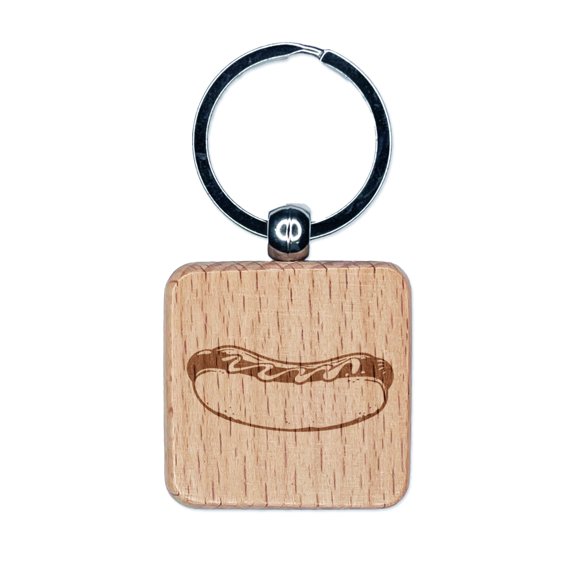 Plump Hotdog Frank on a Bun with Mustard or Ketchup Square Keychain Charm Tag - Engraved Wood