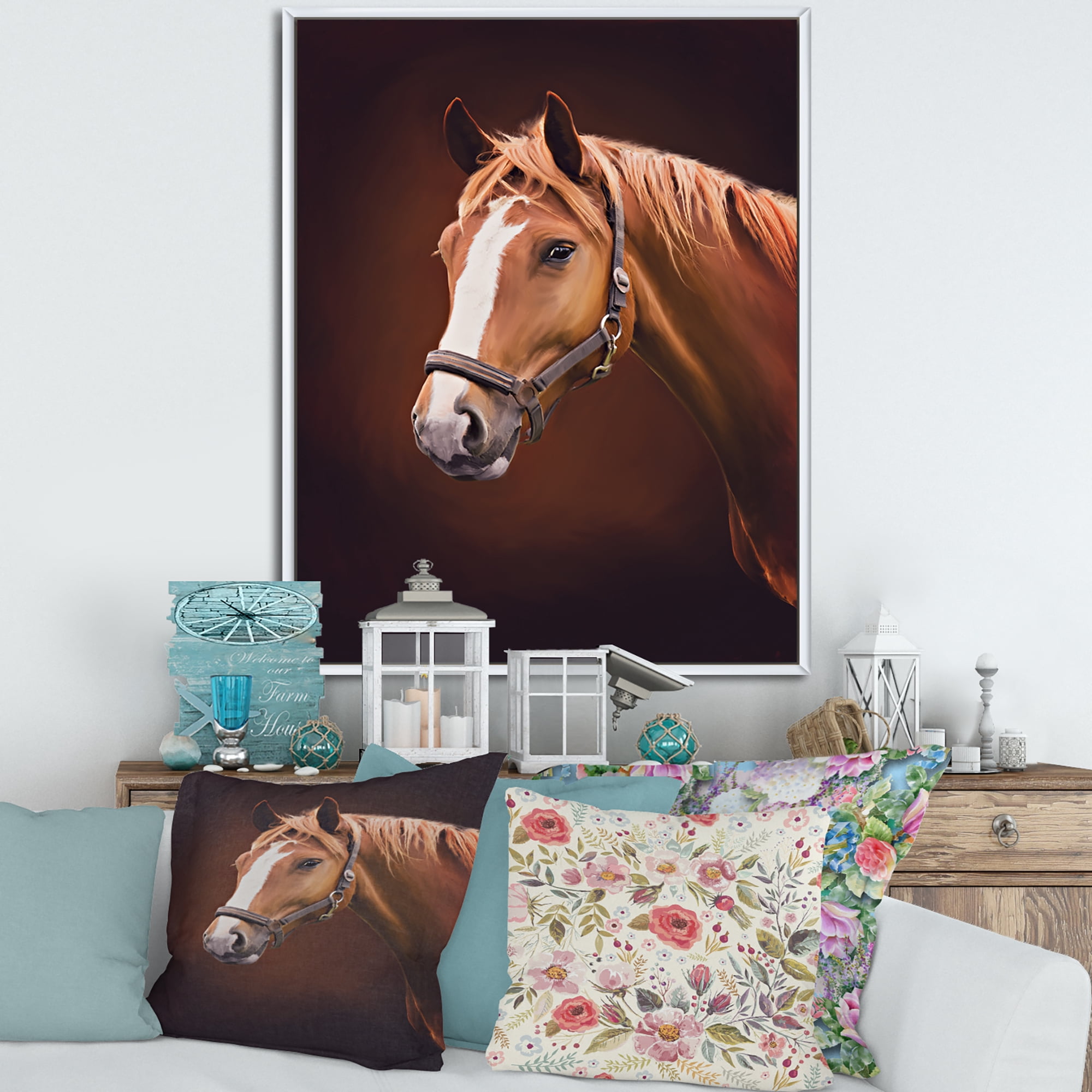 Designart 'Close Up Portrait Of Brown Horse With White Nose II' Farmhouse Framed Canvas Wall Art Print