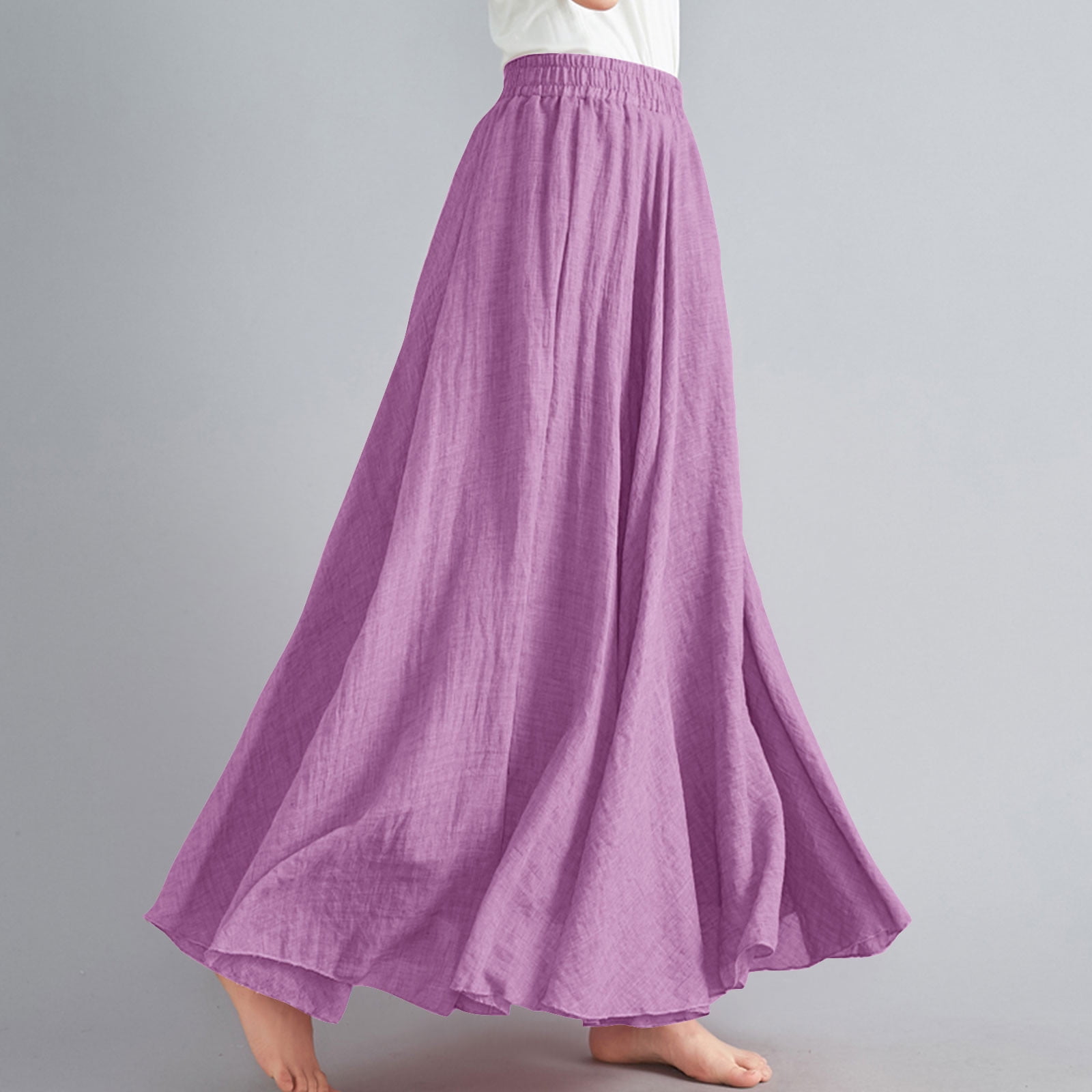 Cavosen Athletic Skirts for Women Long Maxi Ankle Length Skirts Linen Pleated Pencil Skirts Elastic Waist Plain Summer Skirts Oversized Dress Beachwear Casual Resortwear Purple