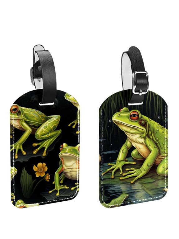 Square 2Pack PU Leather Frog Cruise Luggage Tag with Privacy Cover and Name ID Tag for Travel Handbags Backpacks Luggage Tags