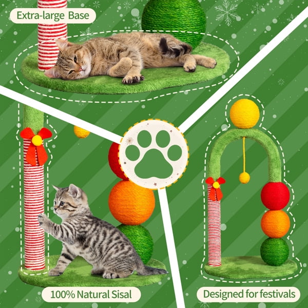 29in Christmas Cat Tree Tower with Sisal Balls - Holiday Cat Scratcher with Candy Cane Post & Dangling Toys for Indoor Cats