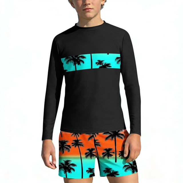 Bathing Suits for Teens Rash Guard Swimsuits Set for Boys Hawaiian Print Long Sleeve Swim Shirt with Swim Trunks Vacation Modest Two Piece Swim Set for 3-14Years