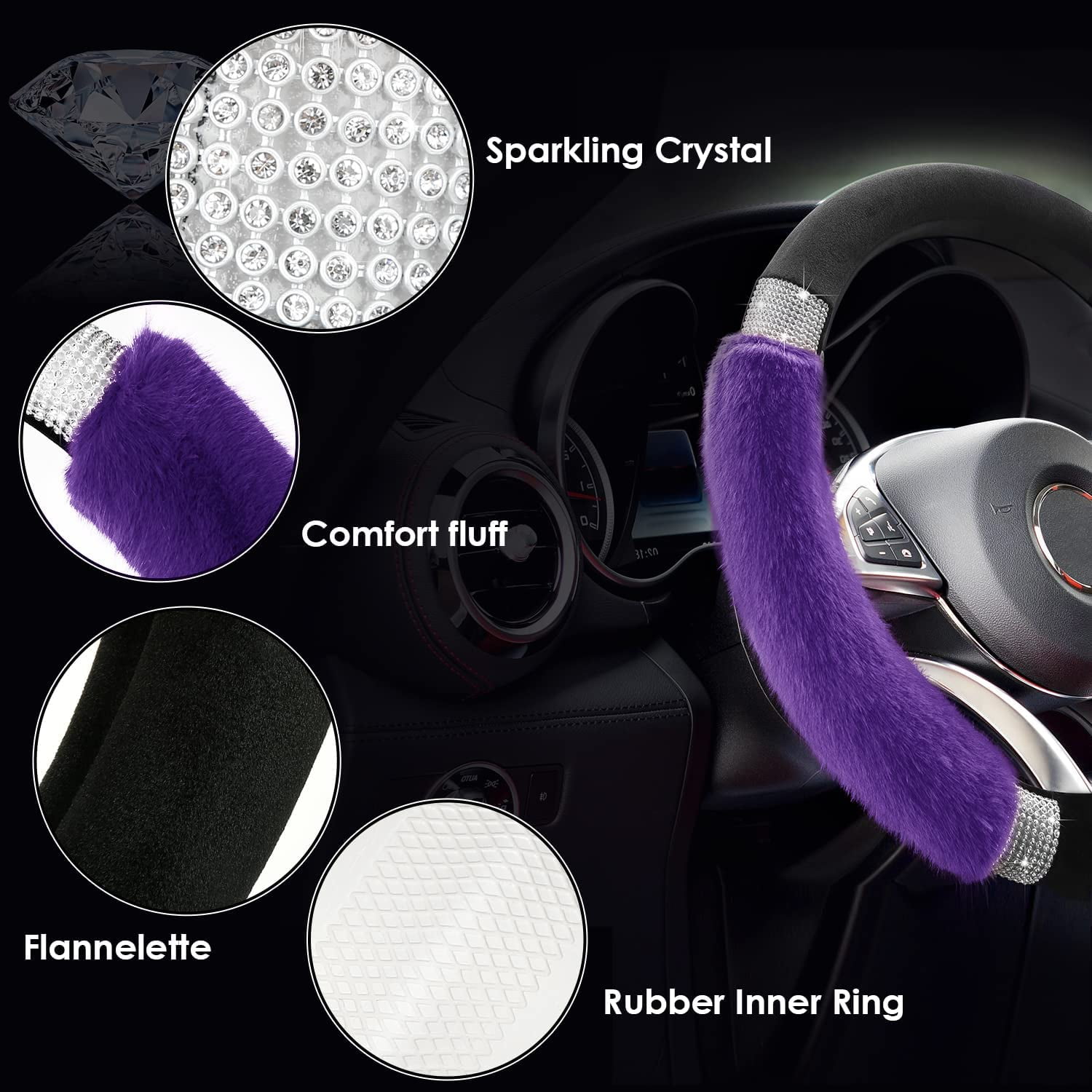 Rhinestone Fluffy Steering Wheel Cover Comfortable Non-Slip Luxury Faux Wool, Universal Fit for 14.5-15 Inches Steering Wheels
