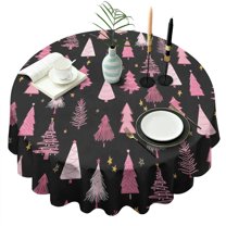Black and Pink Christmas Tree Pattern Round Tablecloth 60"x60",Wrinkle Wipeable Table Cloth for Kitchen Dining Room Picnic Patio Party