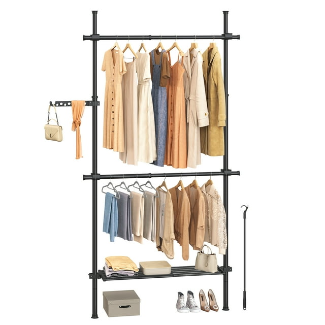 SONGMICS Floor to Ceiling Clothes Rack, 3-Tier Clothing Rack, Height and Width Adjustable Garment Rack, Wardrobe Organizer with 2 Rods and 1 Shelf, Reaching Rod, Matte Black