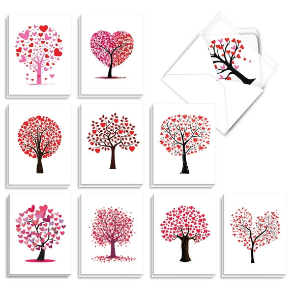 20 Valentine's Day Note Cards with Envelopes (4" x 5.12") - Love Trees Valentine's Day (10 Designs, 2 Each) AM3185VDG-B2x10