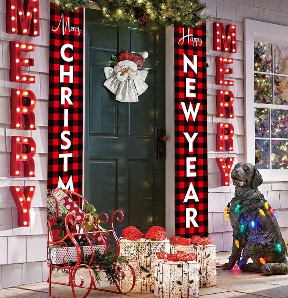 Weihnachts-Türdekoration Set Buffalo Plaid – 2 Große Banner 180x33 Cm Für Haus, Garten & Veranda