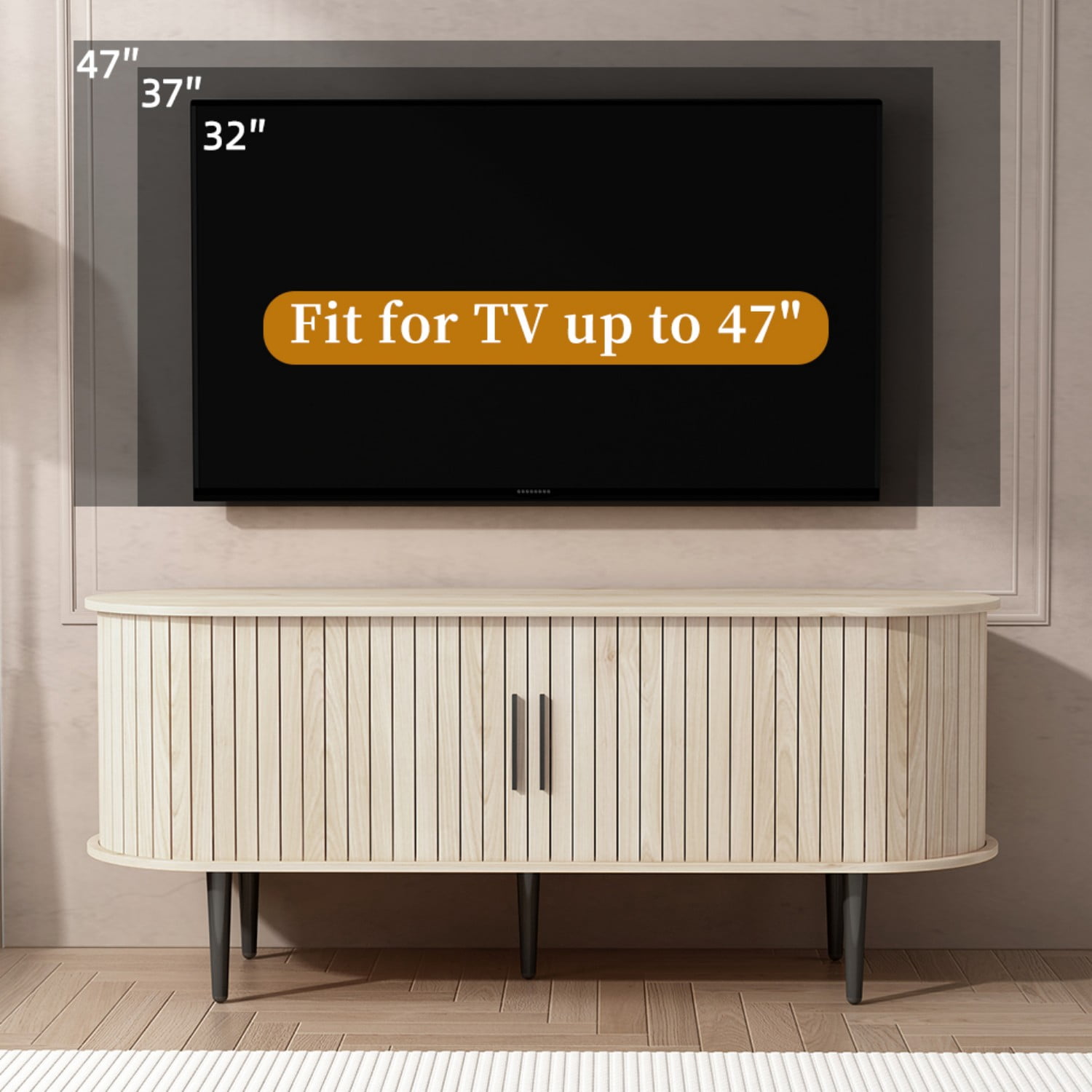 47" Modern TV Stand with Sliding Door Storage Cabinet, Mid Century Media Console Table for Living Room, Bedroom, Office, Natural