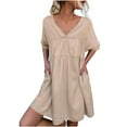 thumbnail image 1 of Bigersell Robe en Denim pour Femmes Mode Femmes Été Poches Col en V Uni Ample Manches Courtes Robe Mini Robes pour Filles Robes T-Shirt Régulières, Style 19223, Beige TG, 1 of 8
