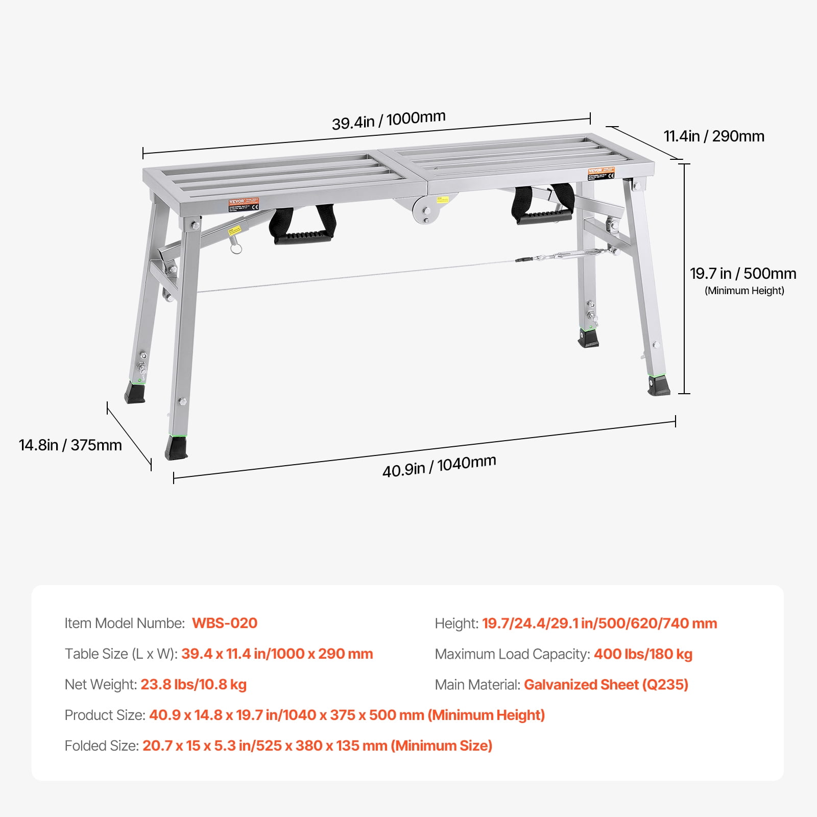 VEVOR Work Platform, 3 Gear Adjustable Height, Folding Alloy Steel Step Ladder, Portable Scaffolding Platform, 400 lb Load Capacity,Non-Slip Rubber Feet, Drywall Painting Stool,for Cleaning &Washing