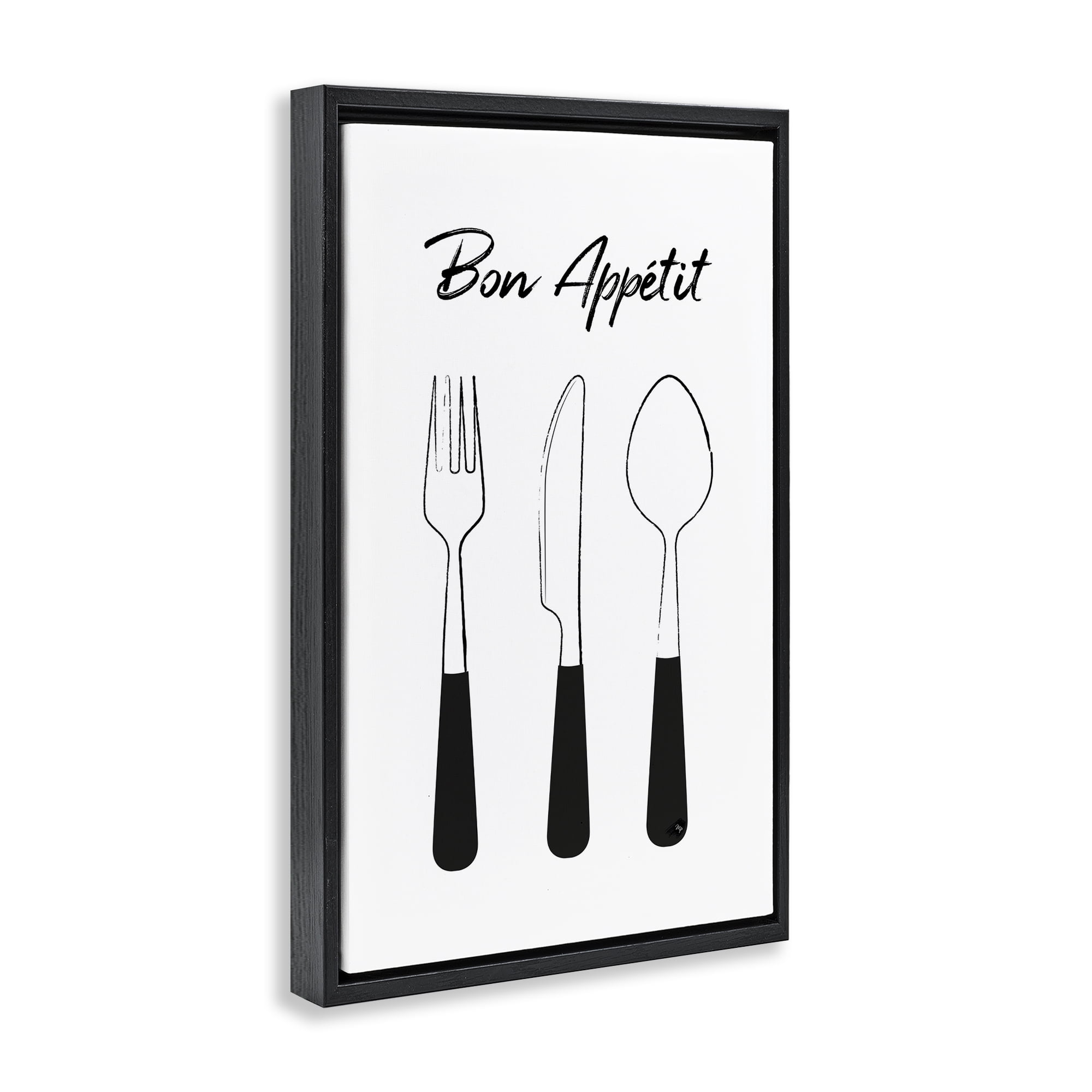 Stupell Industries Bon Appetit Fork Knife Spoon Black Framed Floater Canvas Wall Art, design by Martina Pavlova