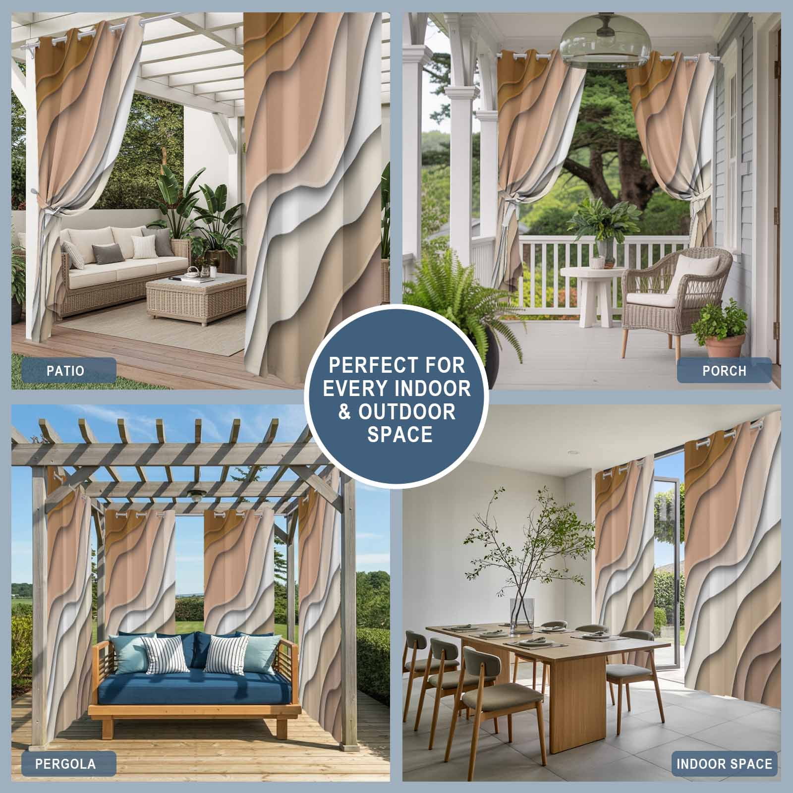 Outdoor Curtains for Patio Waterproof, Brown Ombre Windproof Pravicy Outside Porch Blackout Curtain, Modern Geometric Abstract Aesthetic Cream Sun Blocking Grommets Curtains for Cabana 54"x108"