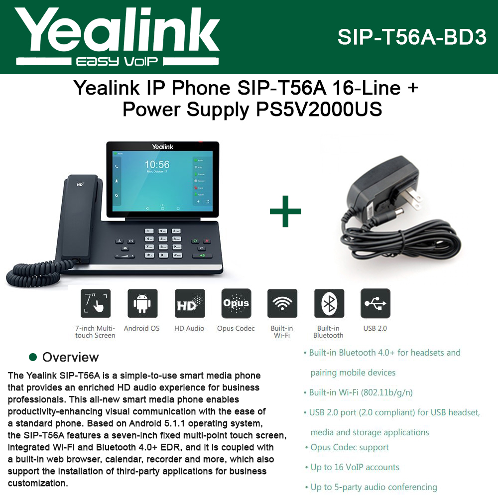Téléphone IP Yealink SIP-T56a - Écran Tactile 7 Pouces, Android, Wi-Fi, Bluetooth | Professionnel, Bureautique, Communication Unifiée - 3