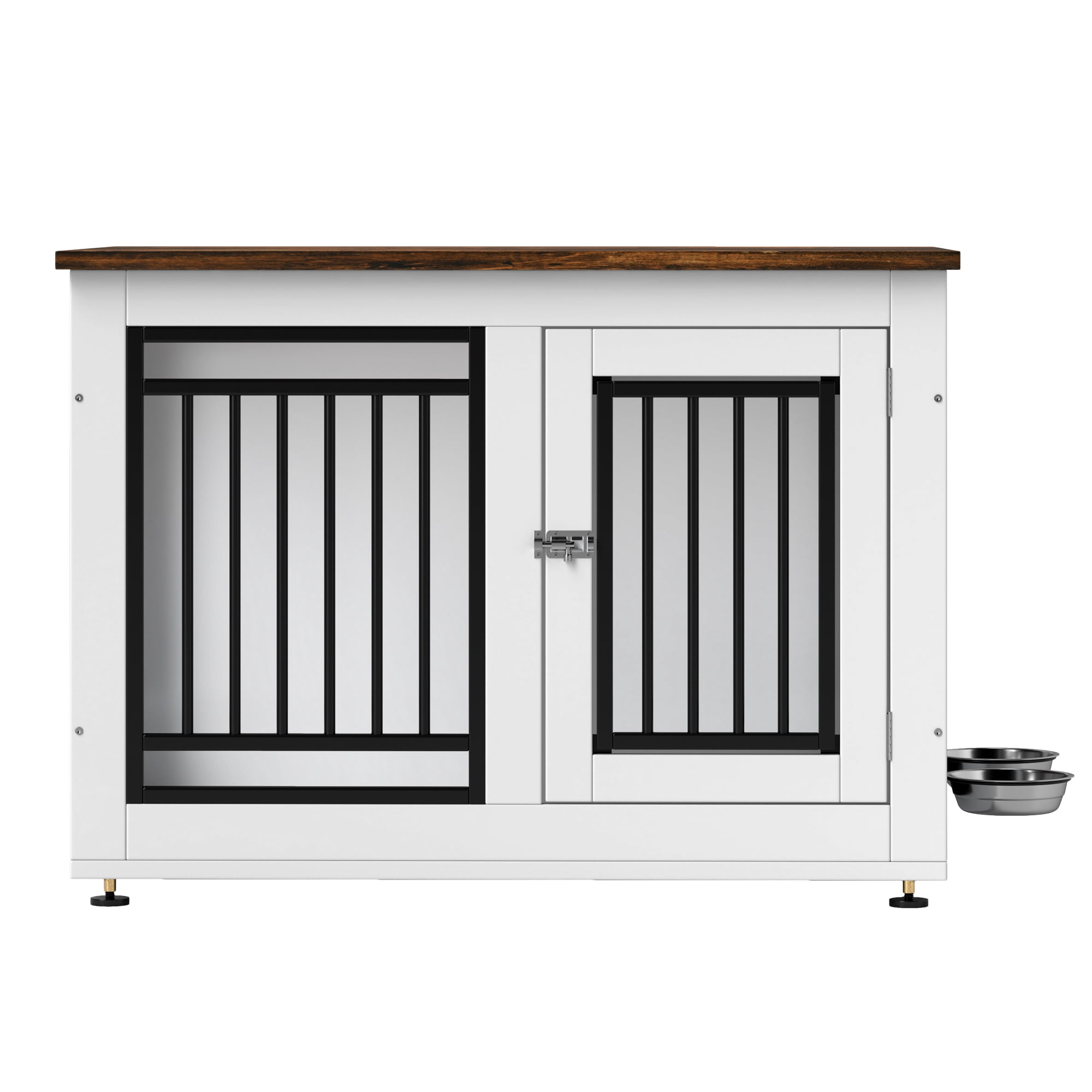 ModFusion 35-Inch Single-Door Dog Kennel with Feeding Bowls, Wooden Furniture-Style Pet Crate for Small to Medium Dogs, White & Black
