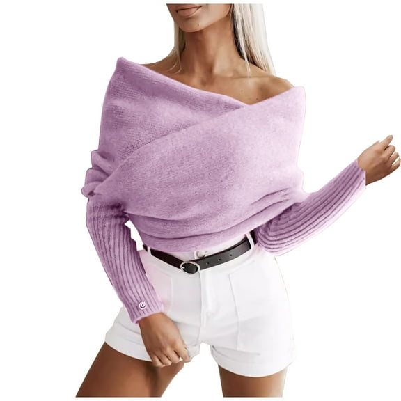 Olyvenn Women's Off Shoulder Sweaters Sexy Crisscross Wrap Knit Sweater Batwing Sleeve Pullover Sweaters Casual Fall Tops Purple Free Size