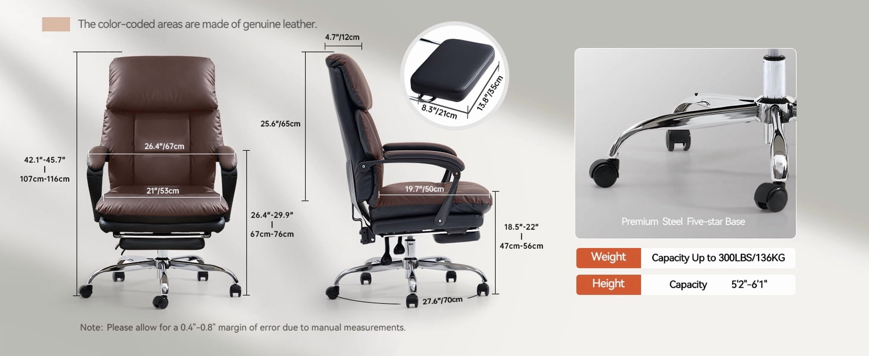 EMIAH Real Leather Office Chair with Foot Rest, Reclining Ergonomic Executive Office Chair with Arms, High Back Comfy Swivel Computer Desk Chairs with Wheels and Lumbar Support for Home Office, Black