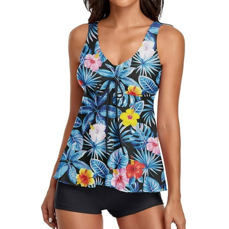 Two Piece Swimsuit for Women Tank Top with Boyshorts Swimming Control Tummy Print Tankini Blue Womens Bathing Suits S