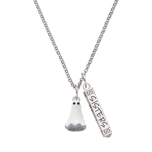 Delight Jewelry Silvertone 3-D White Ghost with Black Crystals Silvertone Sisters Best Friends Forever Bar Charm Necklace, 23"