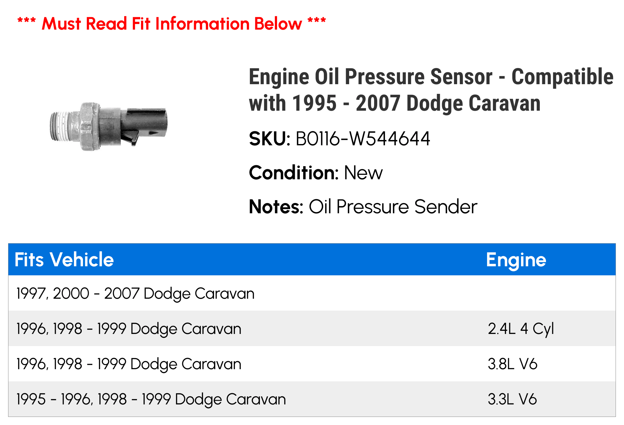 Engine Oil Pressure Sensor - Compatible with 1995 - 2007 Dodge Caravan 1996 1997 1998 1999 2000 2001 2002 2003 2004 2005 2006