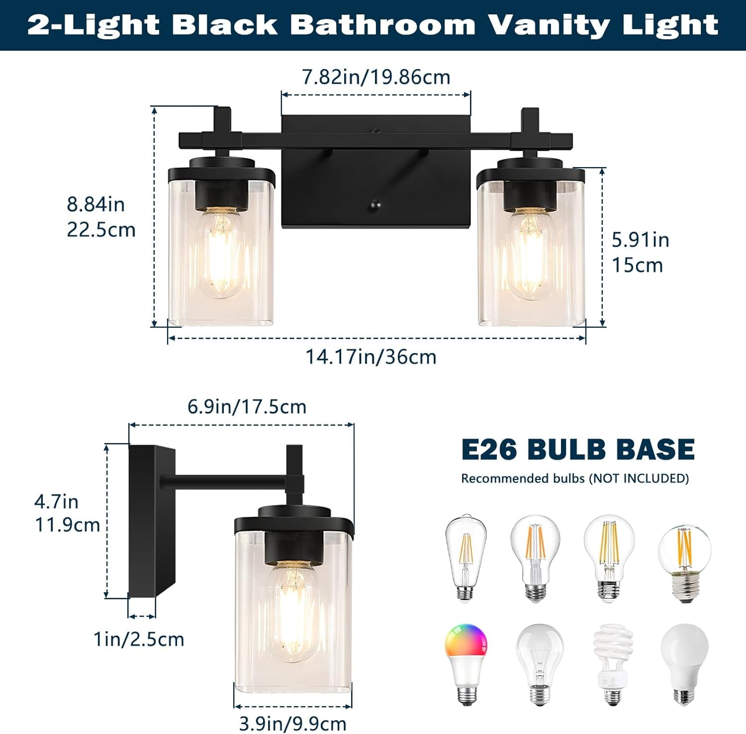 Bathroom Vanity Light 2 Light Bathroom Light Fixture Square Design Bathroom Lighting Fixtures over Mirror Modern Matte Black Vanity Light for Bathroom & Restroom
